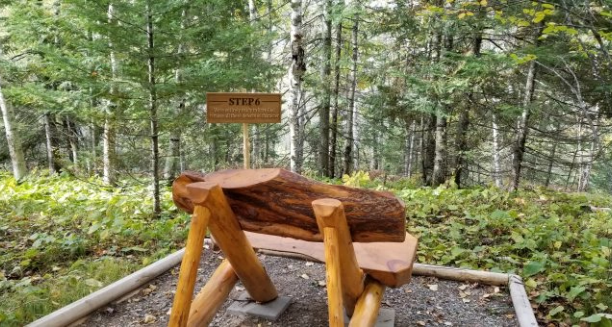 a wooden bench overlooking the woods and the Step 6 sign.