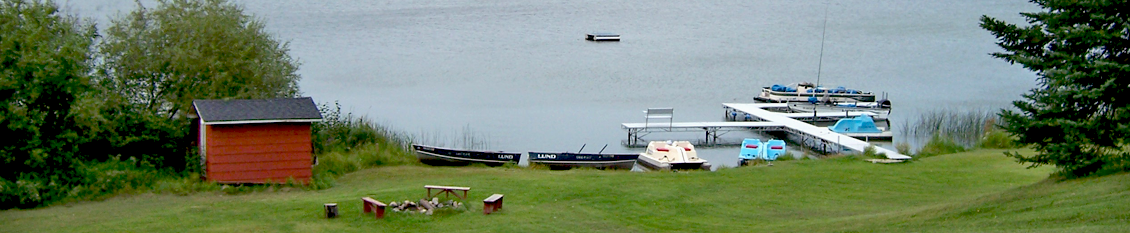 lake shoreline with a dock and boats.